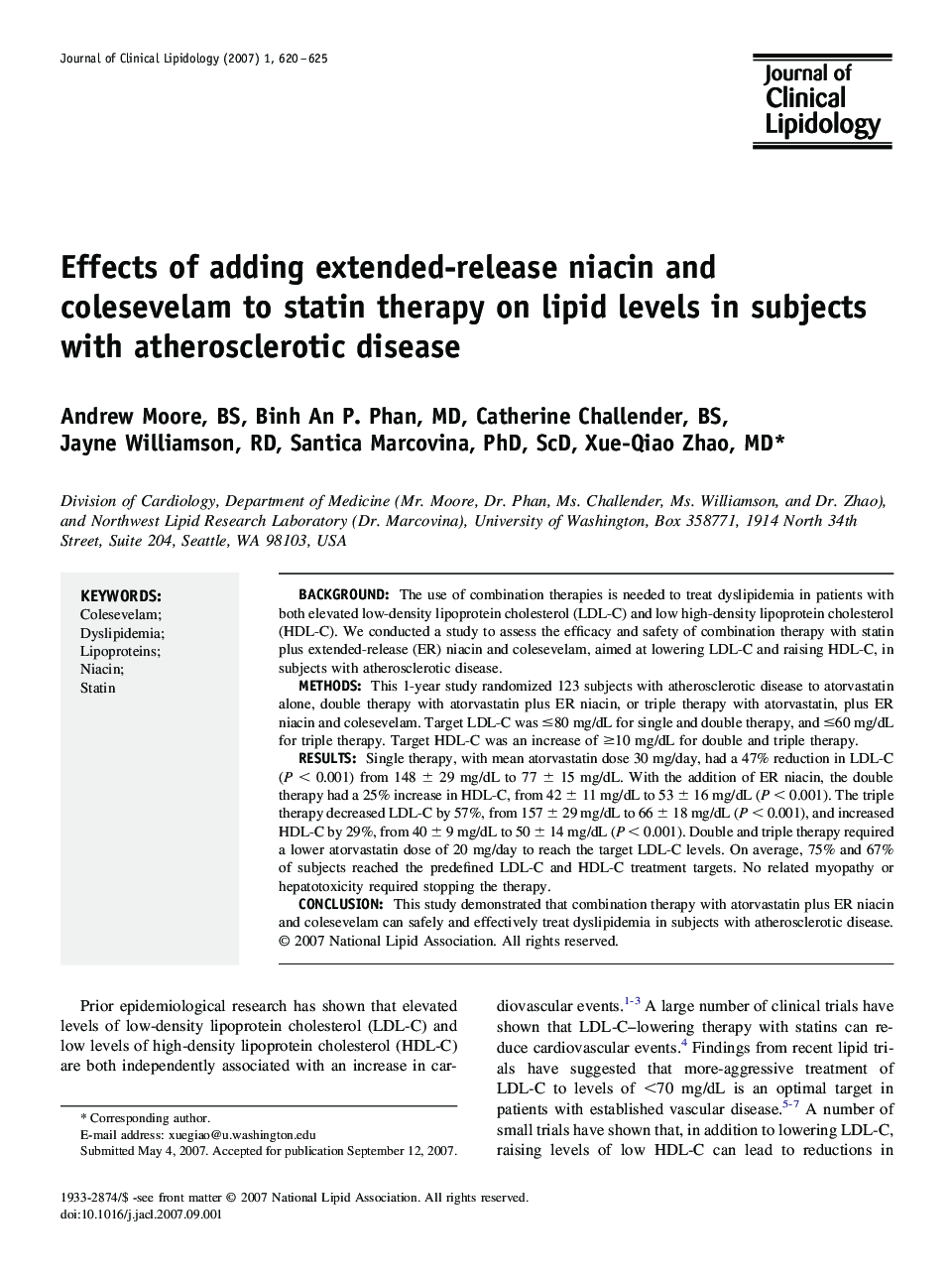 Effects of adding extended-release niacin and colesevelam to statin therapy on lipid levels in subjects with atherosclerotic disease
