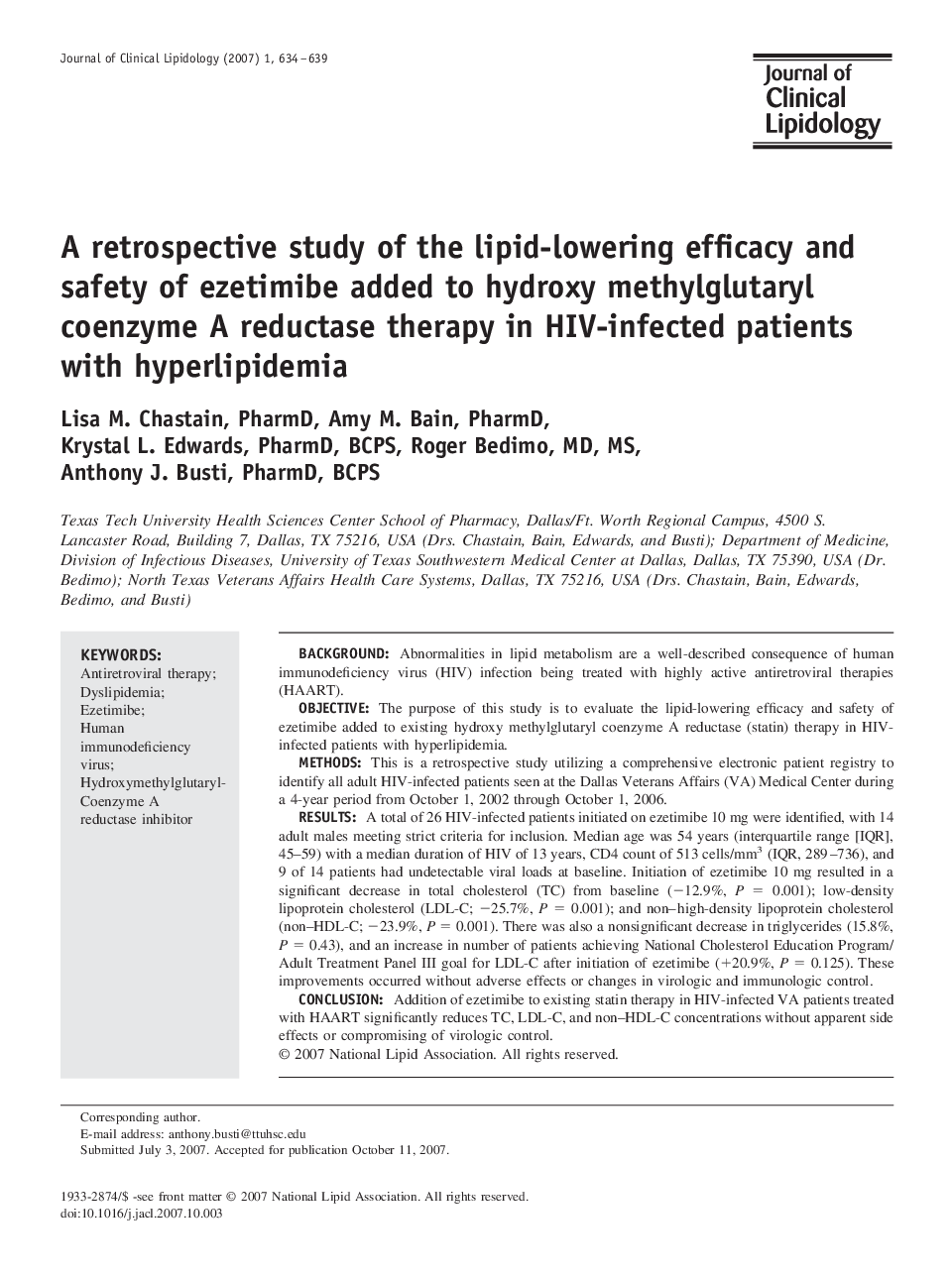 A retrospective study of the lipid-lowering efficacy and safety of ezetimibe added to hydroxy methylglutaryl coenzyme A reductase therapy in HIV-infected patients with hyperlipidemia 