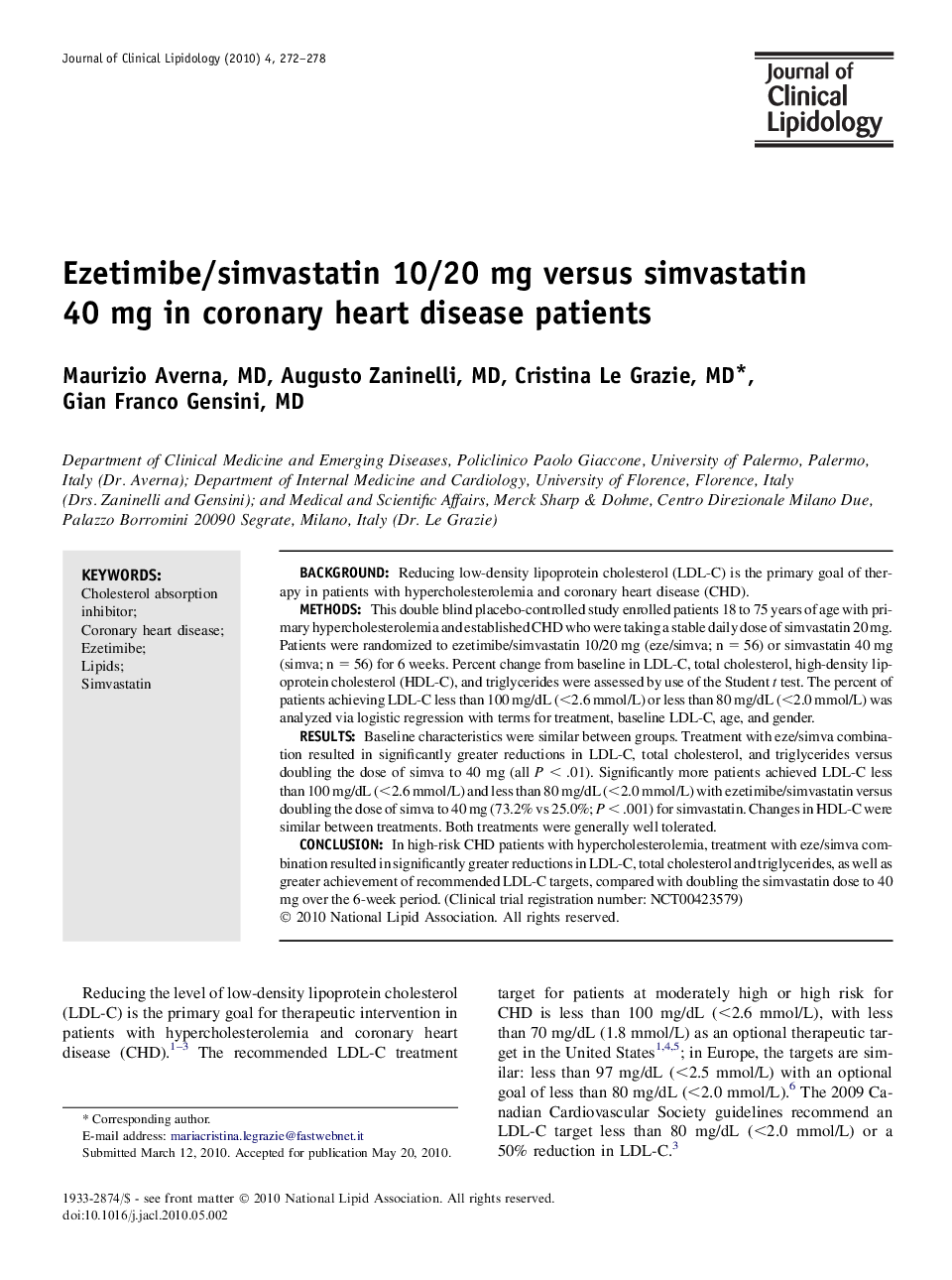 Ezetimibe/simvastatin 10/20 mg versus simvastatin 40 mg in coronary heart disease patients
