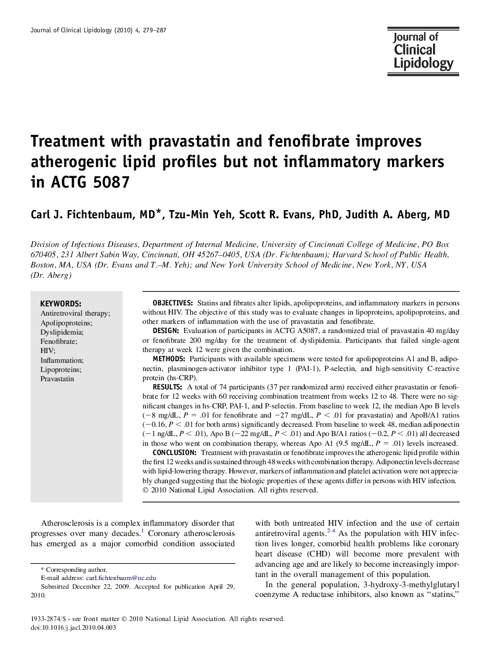 Treatment with pravastatin and fenofibrate improves atherogenic lipid profiles but not inflammatory markers in ACTG 5087