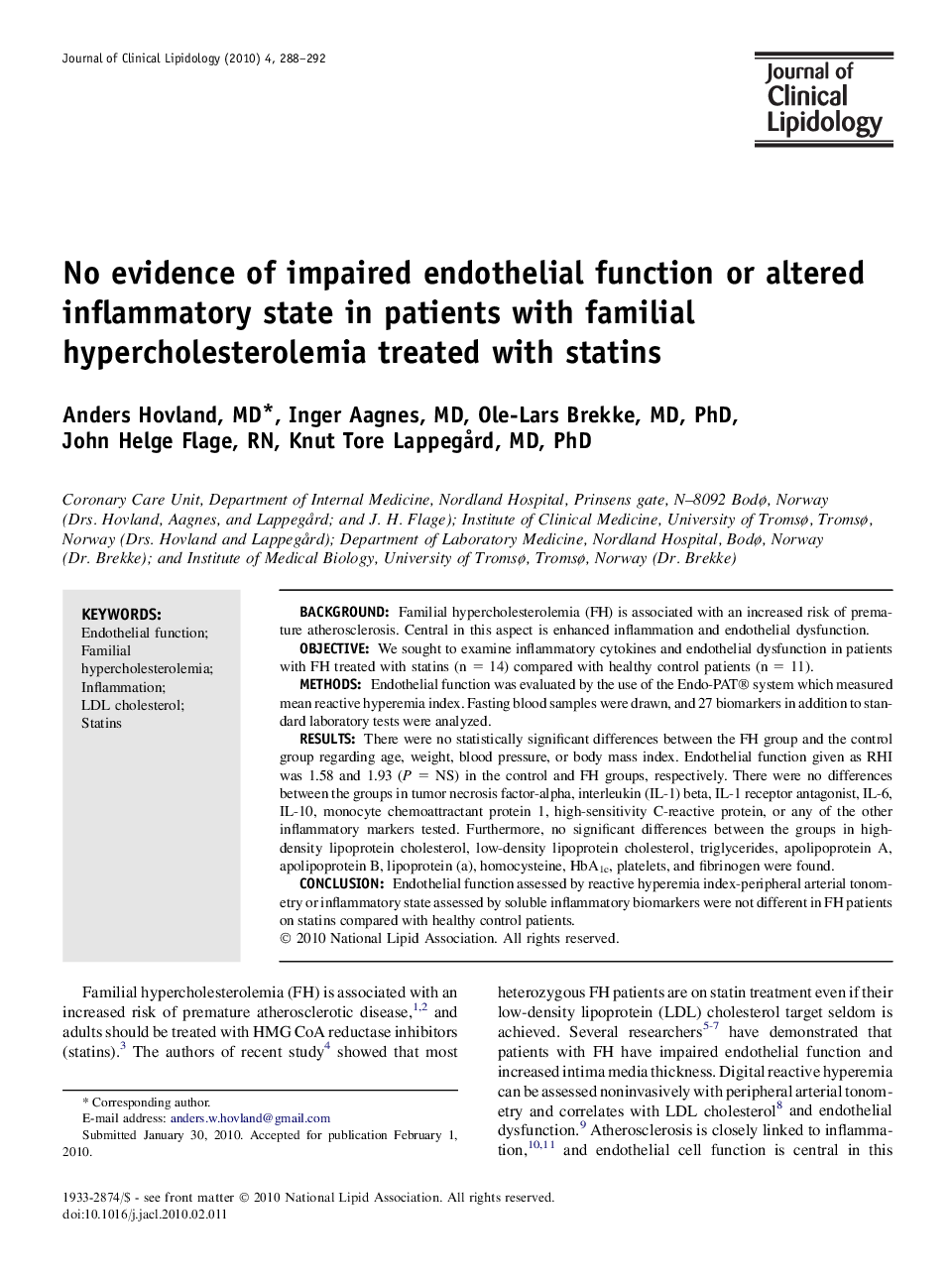 No evidence of impaired endothelial function or altered inflammatory state in patients with familial hypercholesterolemia treated with statins