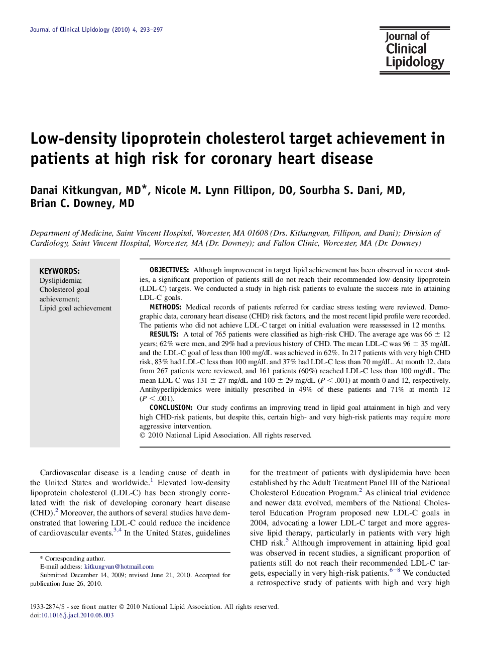 Low-density lipoprotein cholesterol target achievement in patients at high risk for coronary heart disease