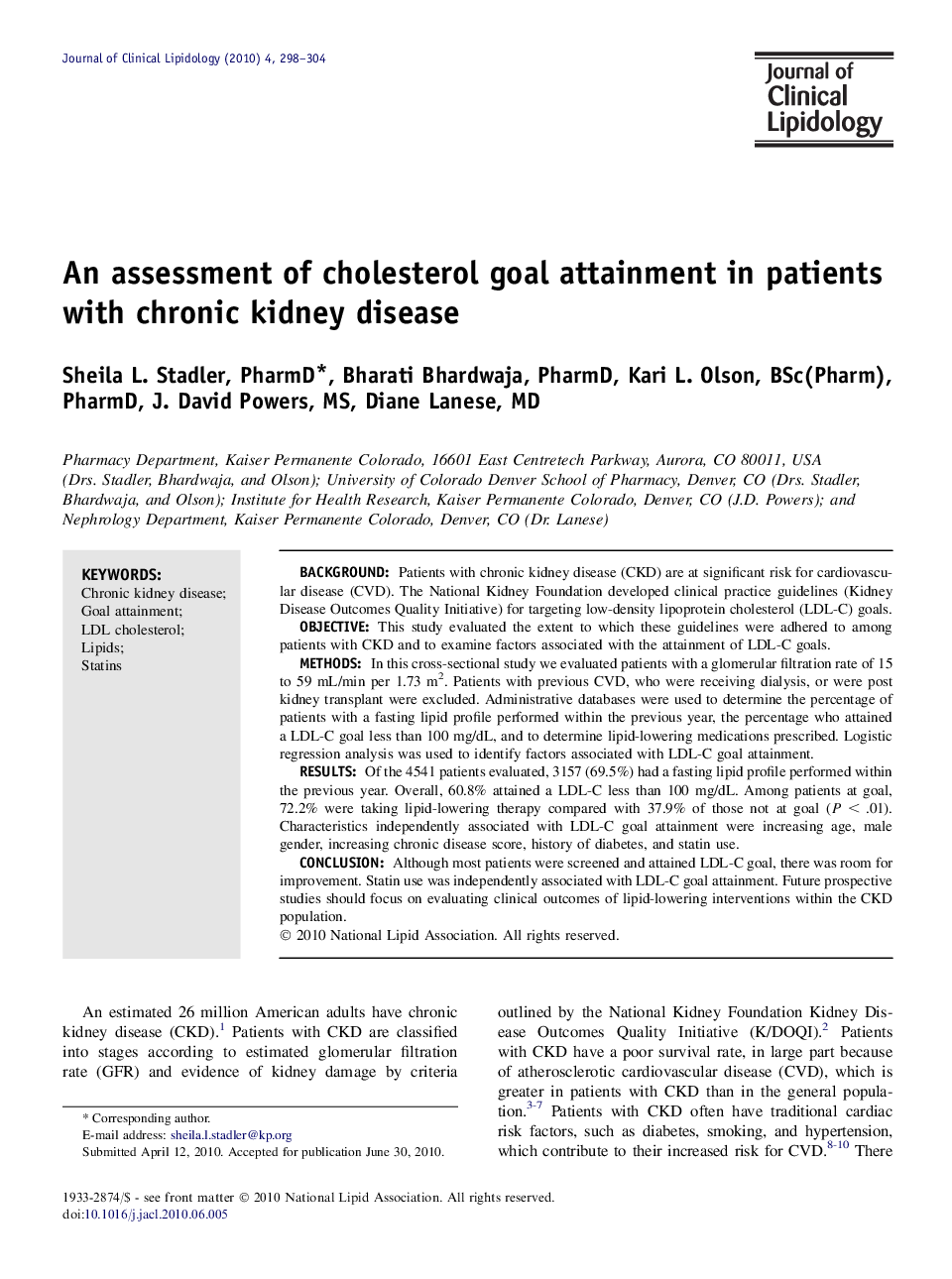 An assessment of cholesterol goal attainment in patients with chronic kidney disease