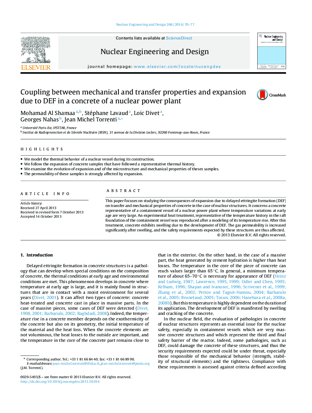 Coupling between mechanical and transfer properties and expansion due to DEF in a concrete of a nuclear power plant