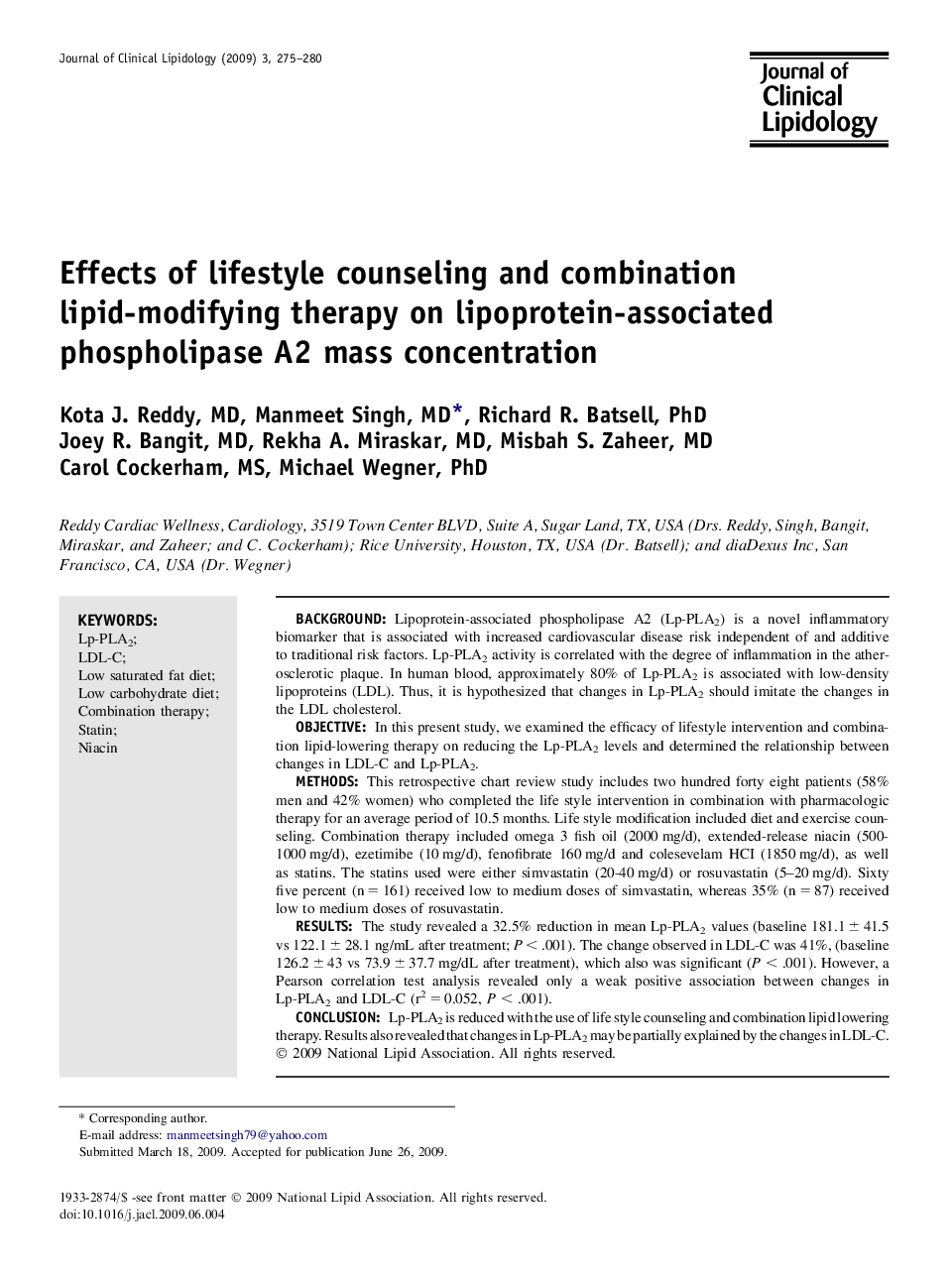 Effects of lifestyle counseling and combination lipid-modifying therapy on lipoprotein-associated phospholipase A2 mass concentration