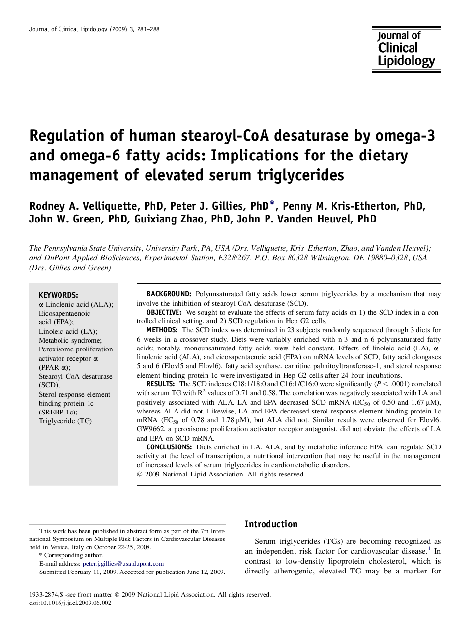 Regulation of human stearoyl-CoA desaturase by omega-3 and omega-6 fatty acids: Implications for the dietary management of elevated serum triglycerides 