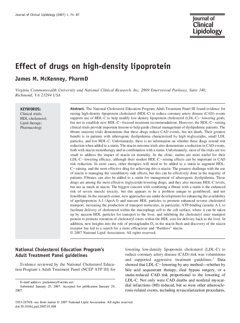 Effect of drugs on high-density lipoprotein