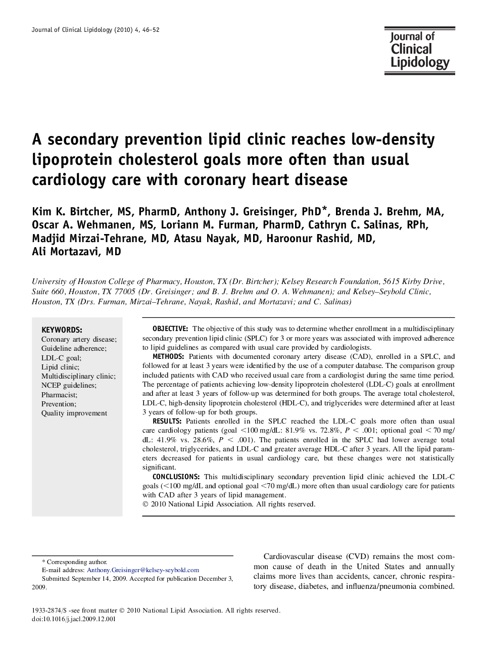 A secondary prevention lipid clinic reaches low-density lipoprotein cholesterol goals more often than usual cardiology care with coronary heart disease