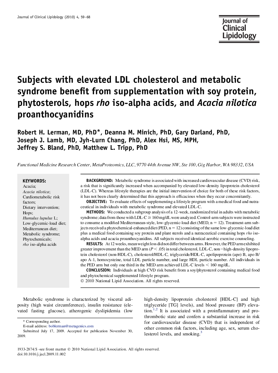 Subjects with elevated LDL cholesterol and metabolic syndrome benefit from supplementation with soy protein, phytosterols, hops rho iso-alpha acids, and Acacia nilotica proanthocyanidins