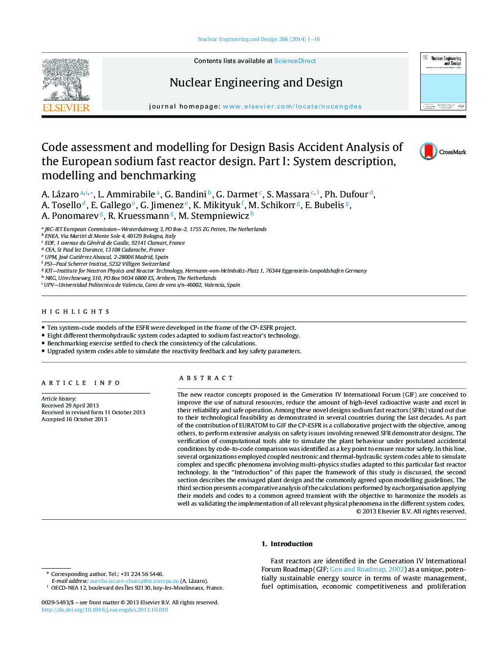 Code assessment and modelling for Design Basis Accident Analysis of the European sodium fast reactor design. Part I: System description, modelling and benchmarking