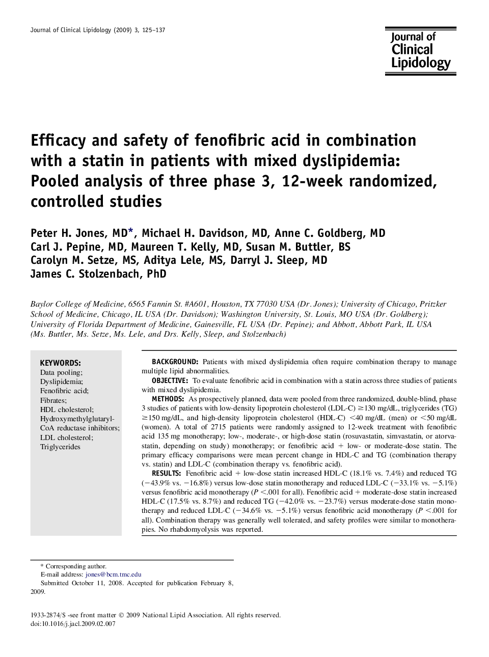 Efficacy and safety of fenofibric acid in combination with a statin in patients with mixed dyslipidemia: Pooled analysis of three phase 3, 12-week randomized, controlled studies