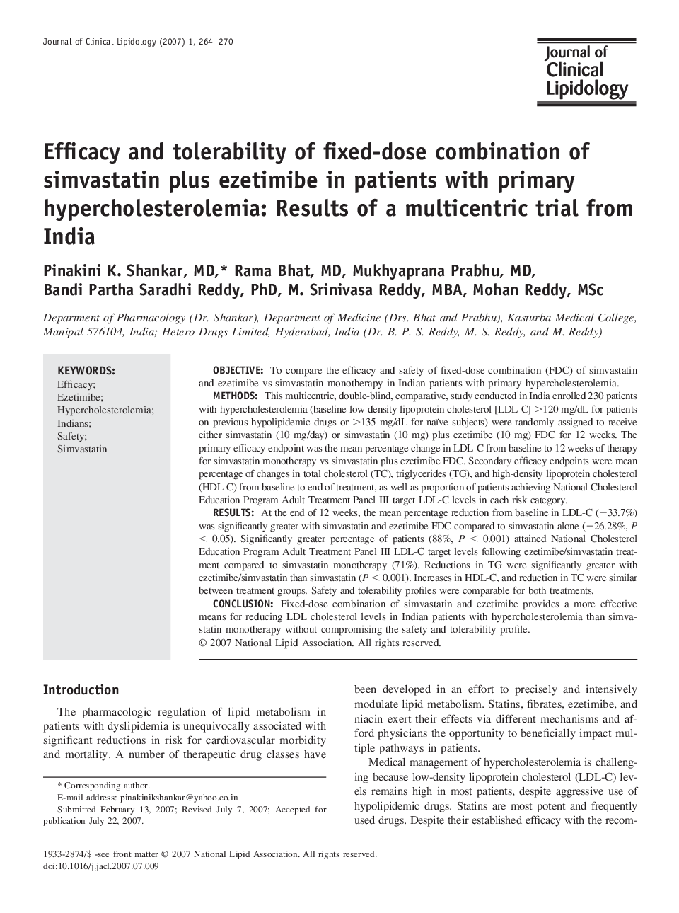 Efficacy and tolerability of fixed-dose combination of simvastatin plus ezetimibe in patients with primary hypercholesterolemia: Results of a multicentric trial from India