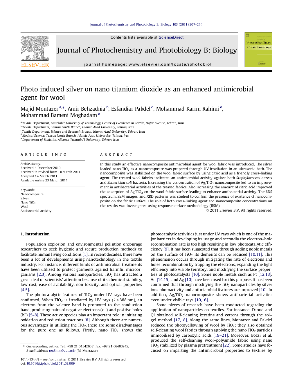 Photo induced silver on nano titanium dioxide as an enhanced antimicrobial agent for wool