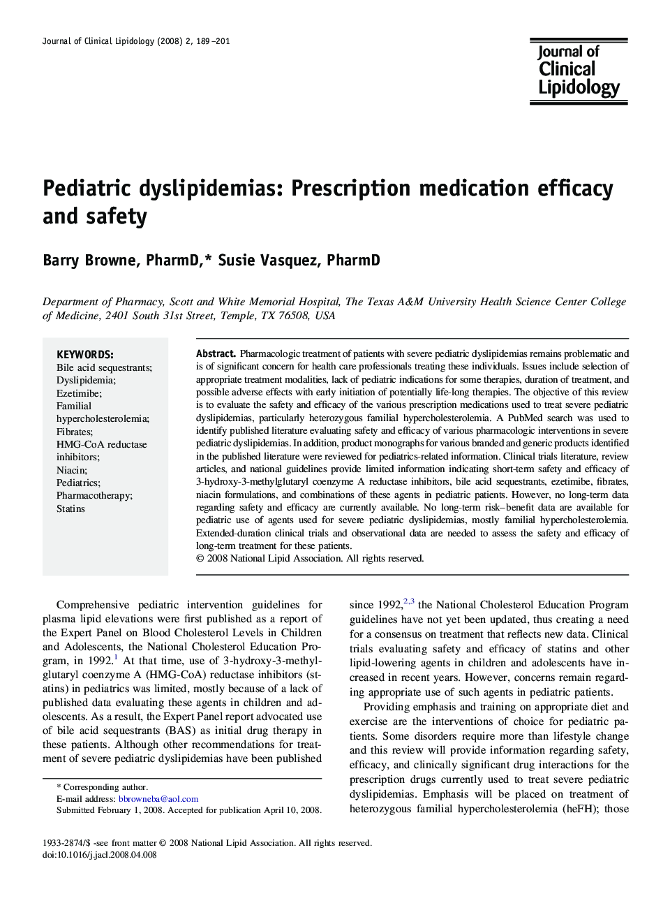 Pediatric dyslipidemias: Prescription medication efficacy and safety