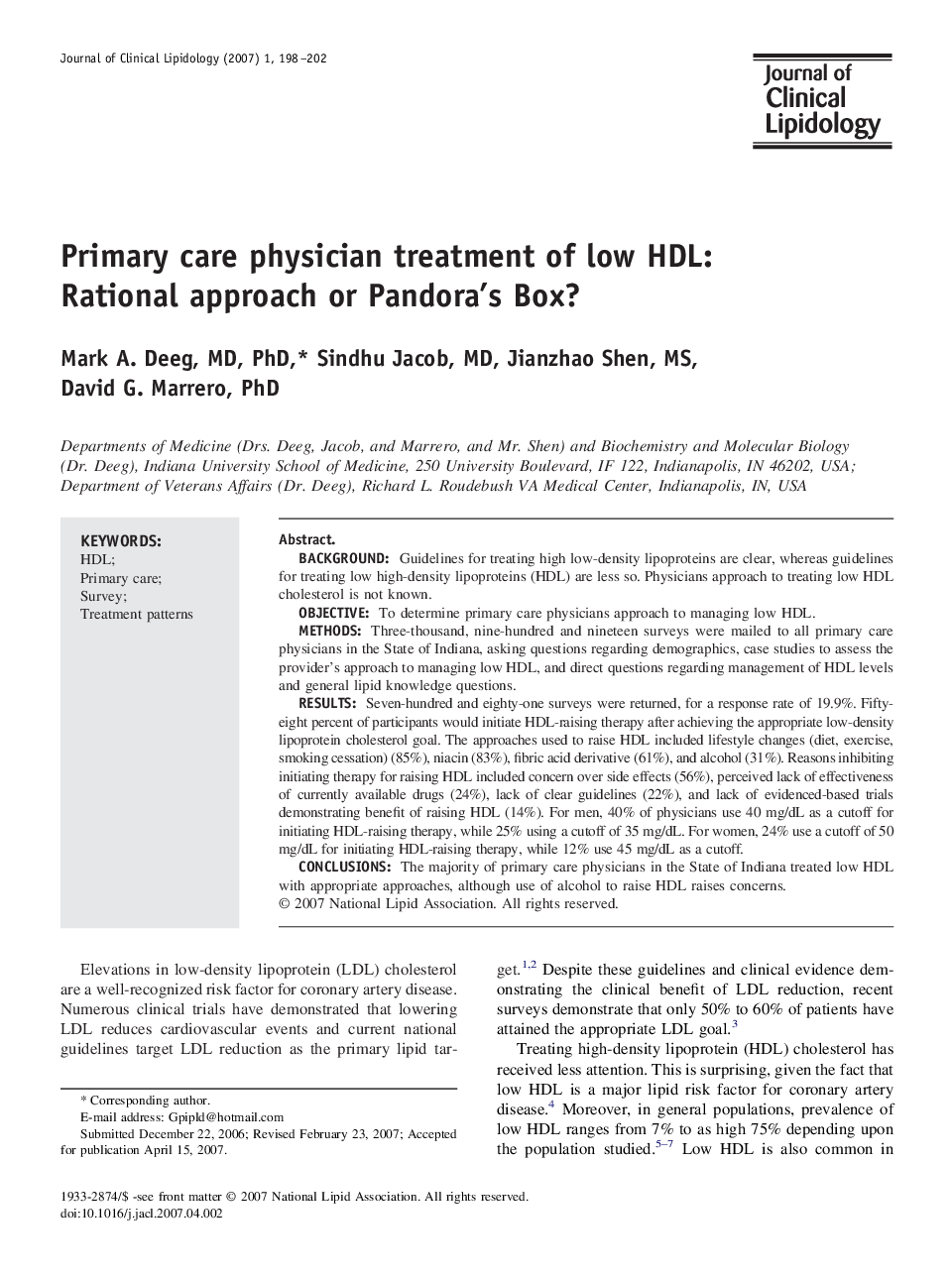 Primary care physician treatment of low HDL: Rational approach or Pandora’s Box?