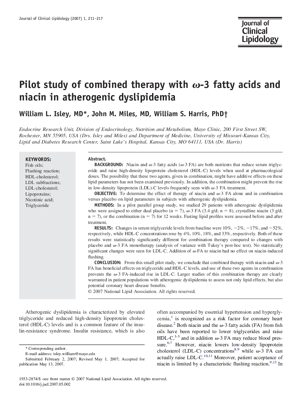 Pilot study of combined therapy with ω-3 fatty acids and niacin in atherogenic dyslipidemia
