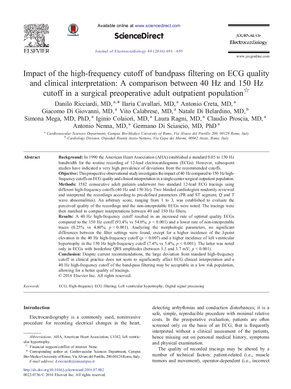 Impact of the high-frequency cutoff of bandpass filtering on ECG quality and clinical interpretation: A comparison between 40 Hz and 150 Hz cutoff in a surgical preoperative adult outpatient population 