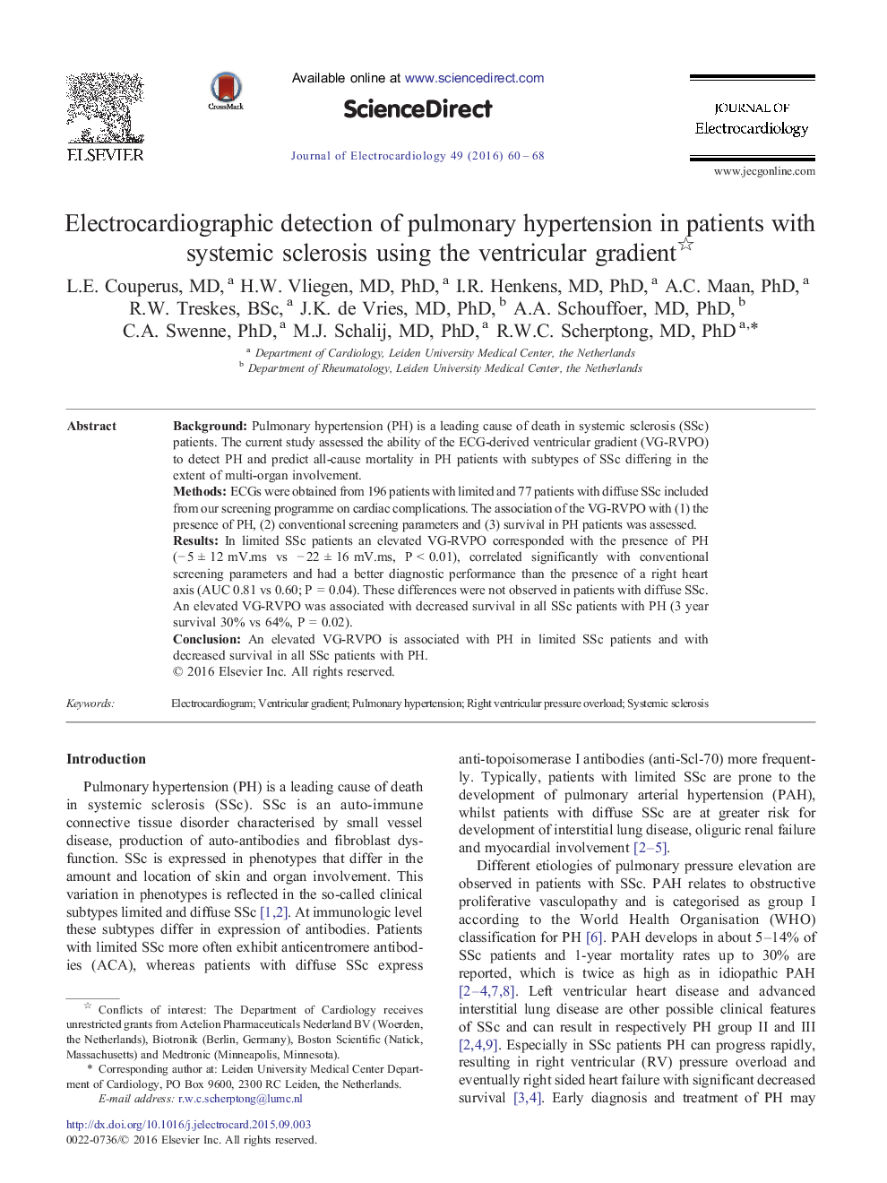 Electrocardiographic detection of pulmonary hypertension in patients with systemic sclerosis using the ventricular gradient 