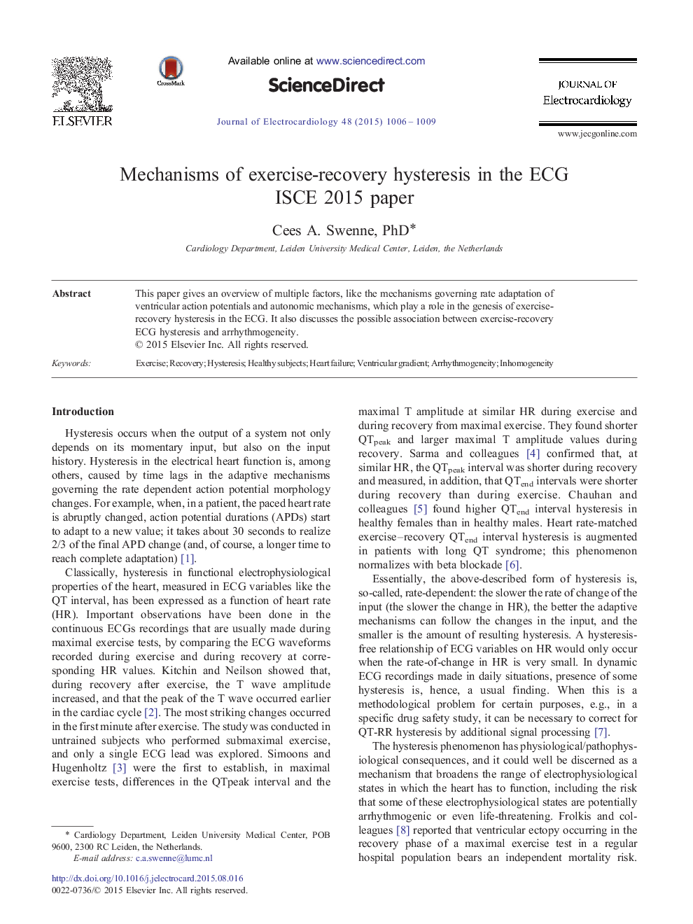 Mechanisms of exercise-recovery hysteresis in the ECG: ISCE 2015 paper