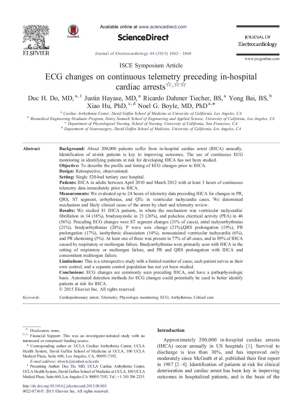 ECG changes on continuous telemetry preceding in-hospital cardiac arrests 