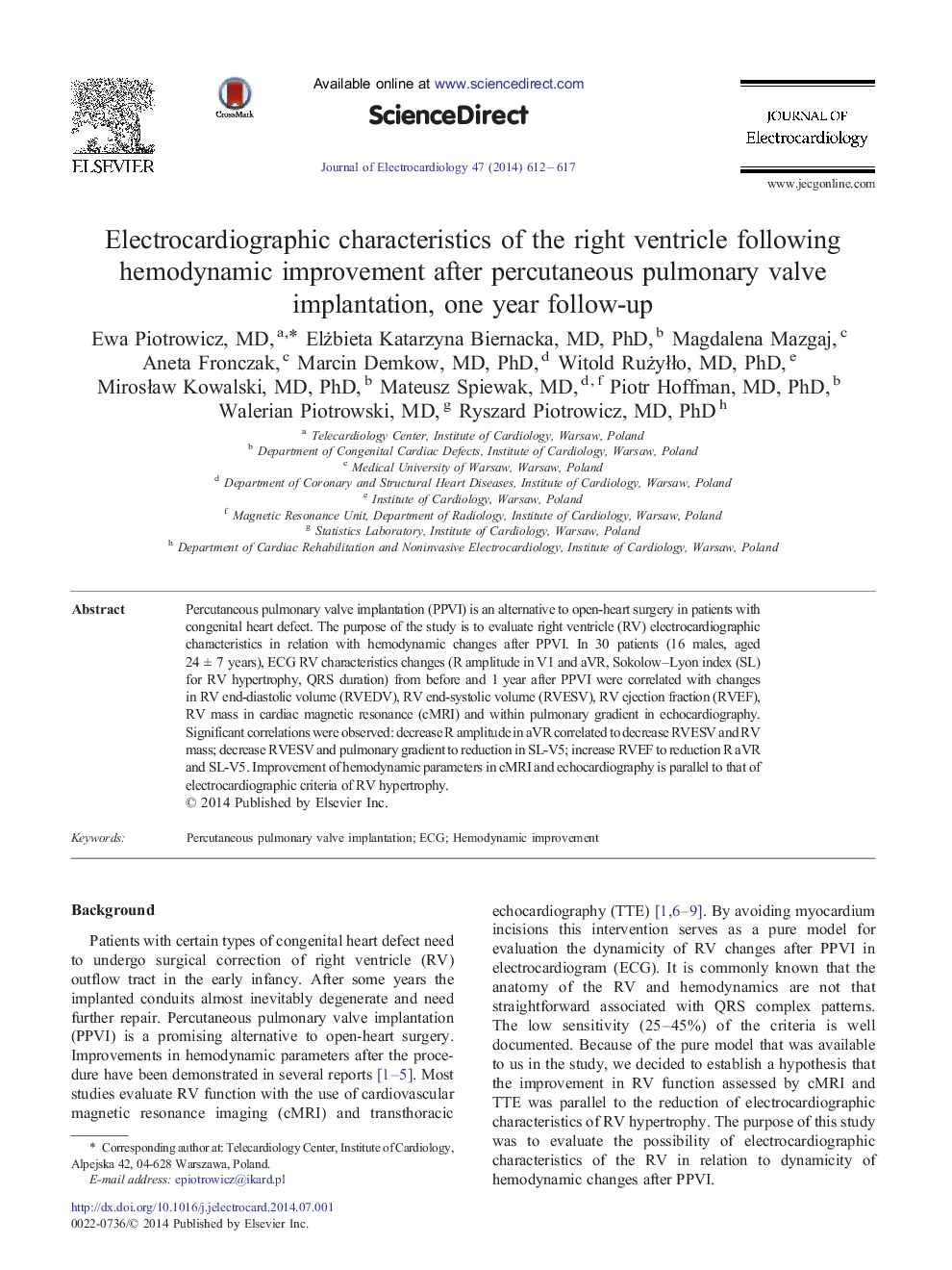 Electrocardiographic characteristics of the right ventricle following hemodynamic improvement after percutaneous pulmonary valve implantation, one year follow-up