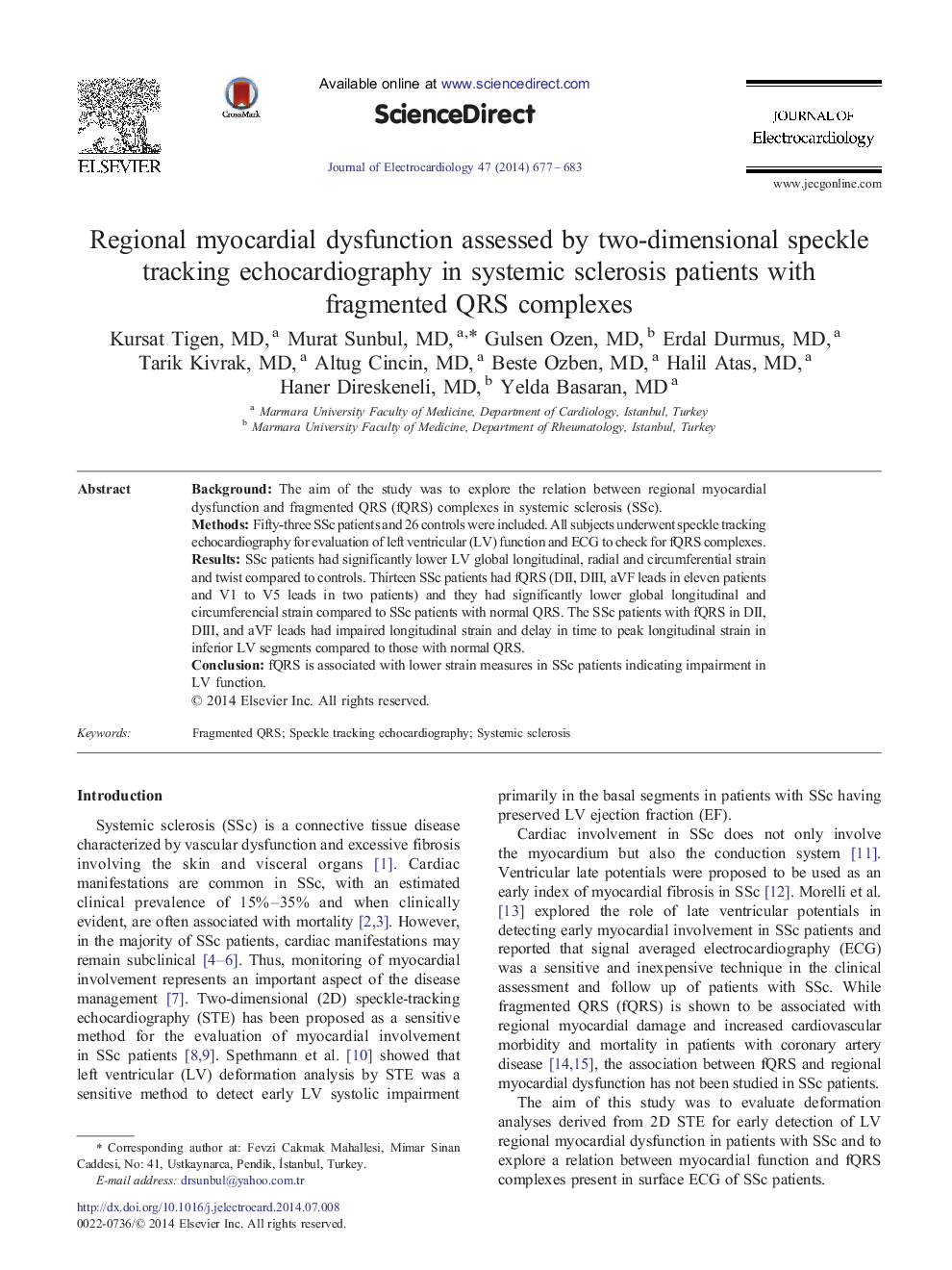 Regional myocardial dysfunction assessed by two-dimensional speckle tracking echocardiography in systemic sclerosis patients with fragmented QRS complexes