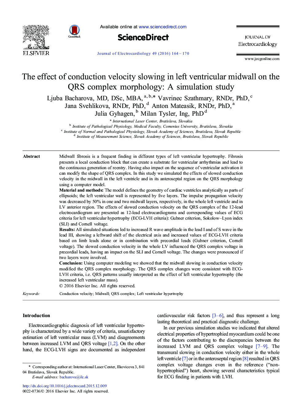 The effect of conduction velocity slowing in left ventricular midwall on the QRS complex morphology: A simulation study
