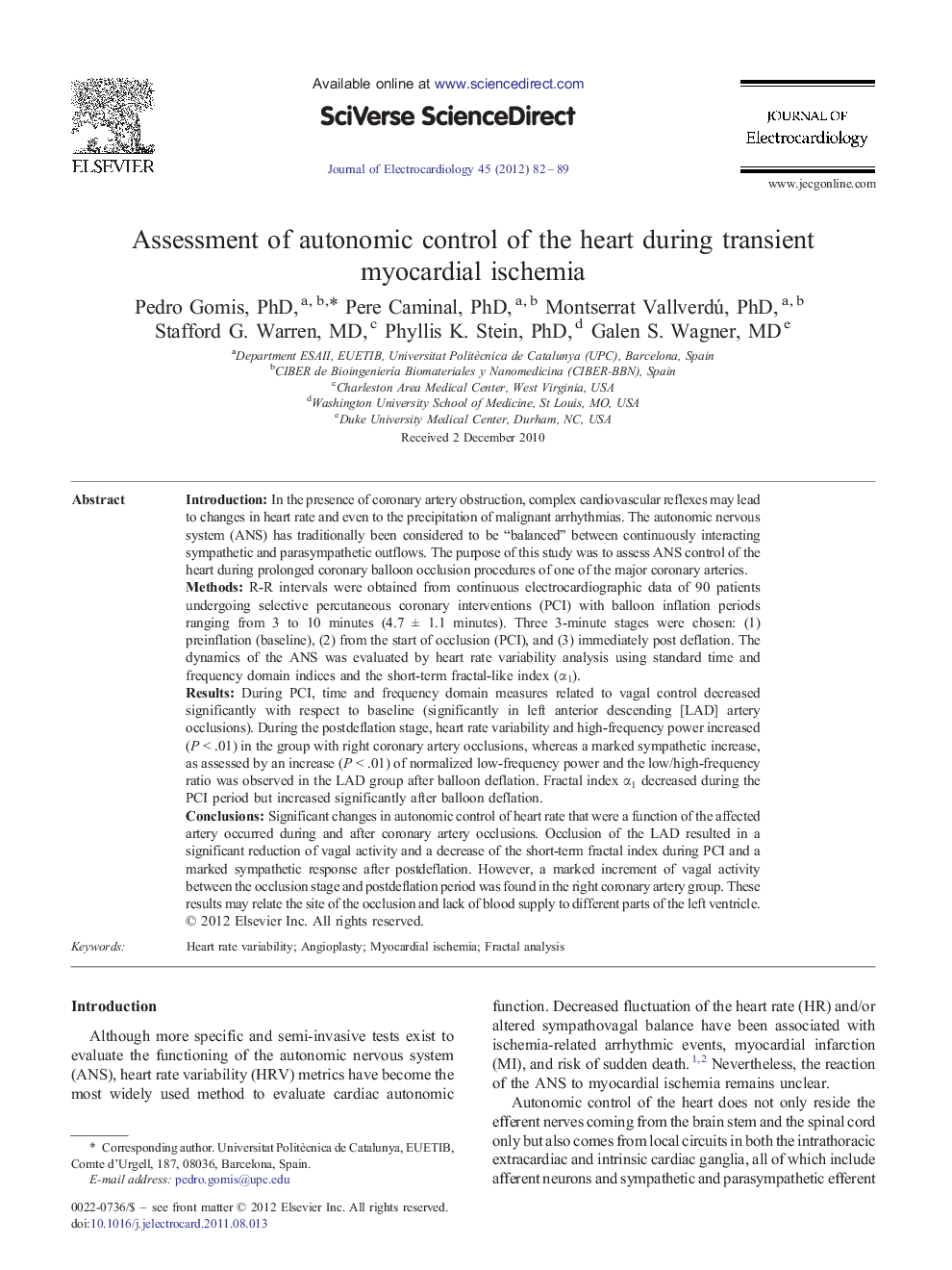 Assessment of autonomic control of the heart during transient myocardial ischemia