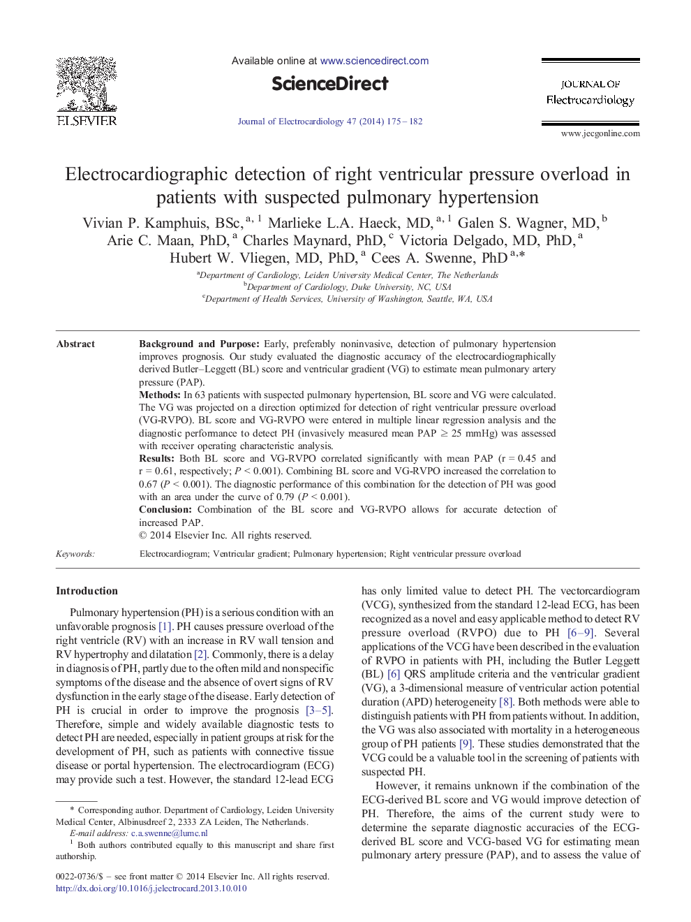 Electrocardiographic detection of right ventricular pressure overload in patients with suspected pulmonary hypertension