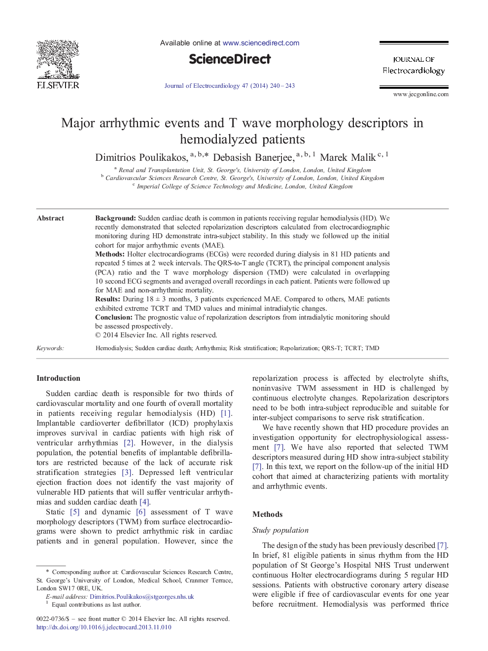 Major arrhythmic events and T wave morphology descriptors in hemodialyzed patients