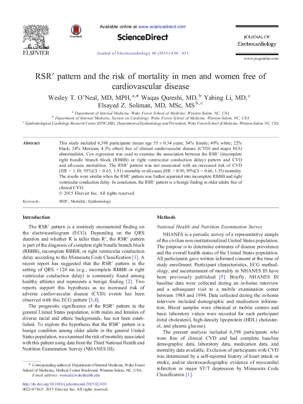RSR′ pattern and the risk of mortality in men and women free of cardiovascular disease