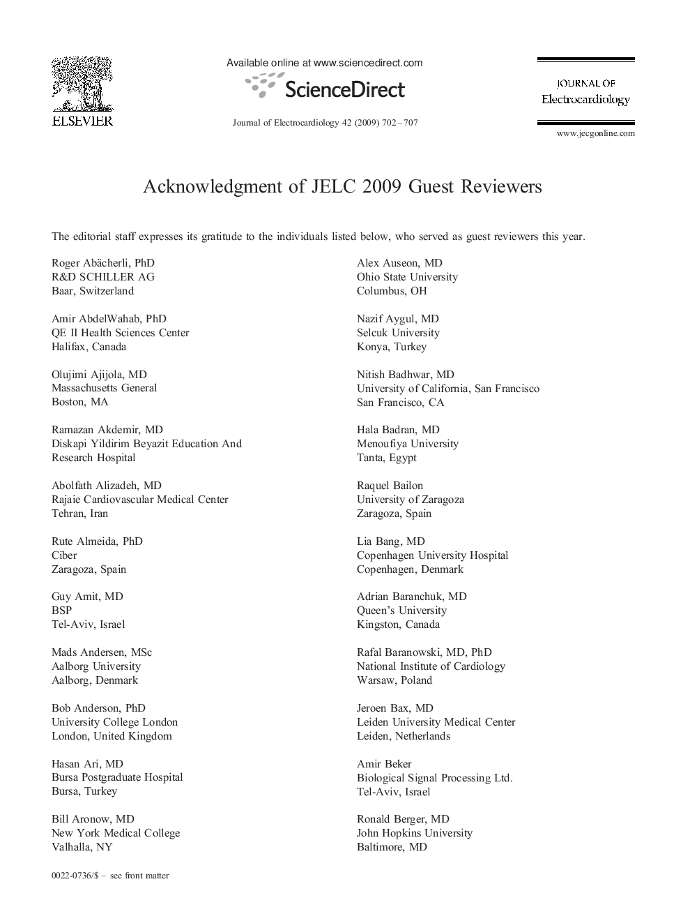 Acknowledgment of JELC 2009 Guest Reviewers