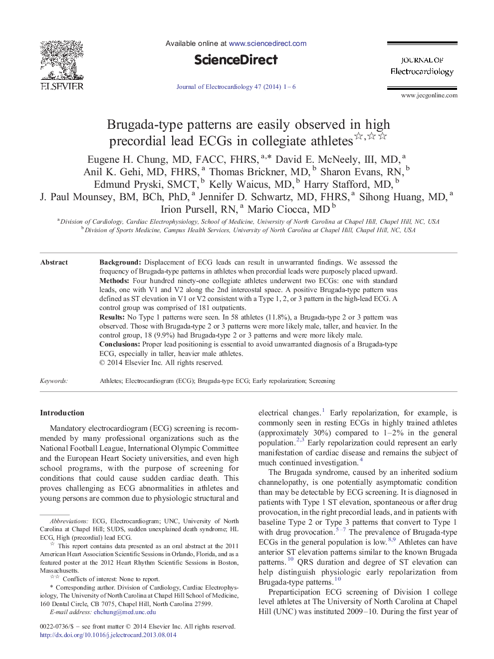 Brugada-type patterns are easily observed in high precordial lead ECGs in collegiate athletes 