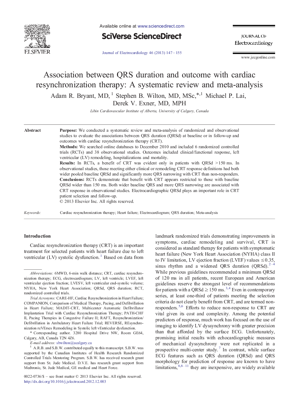 Association between QRS duration and outcome with cardiac resynchronization therapy: A systematic review and meta-analysis