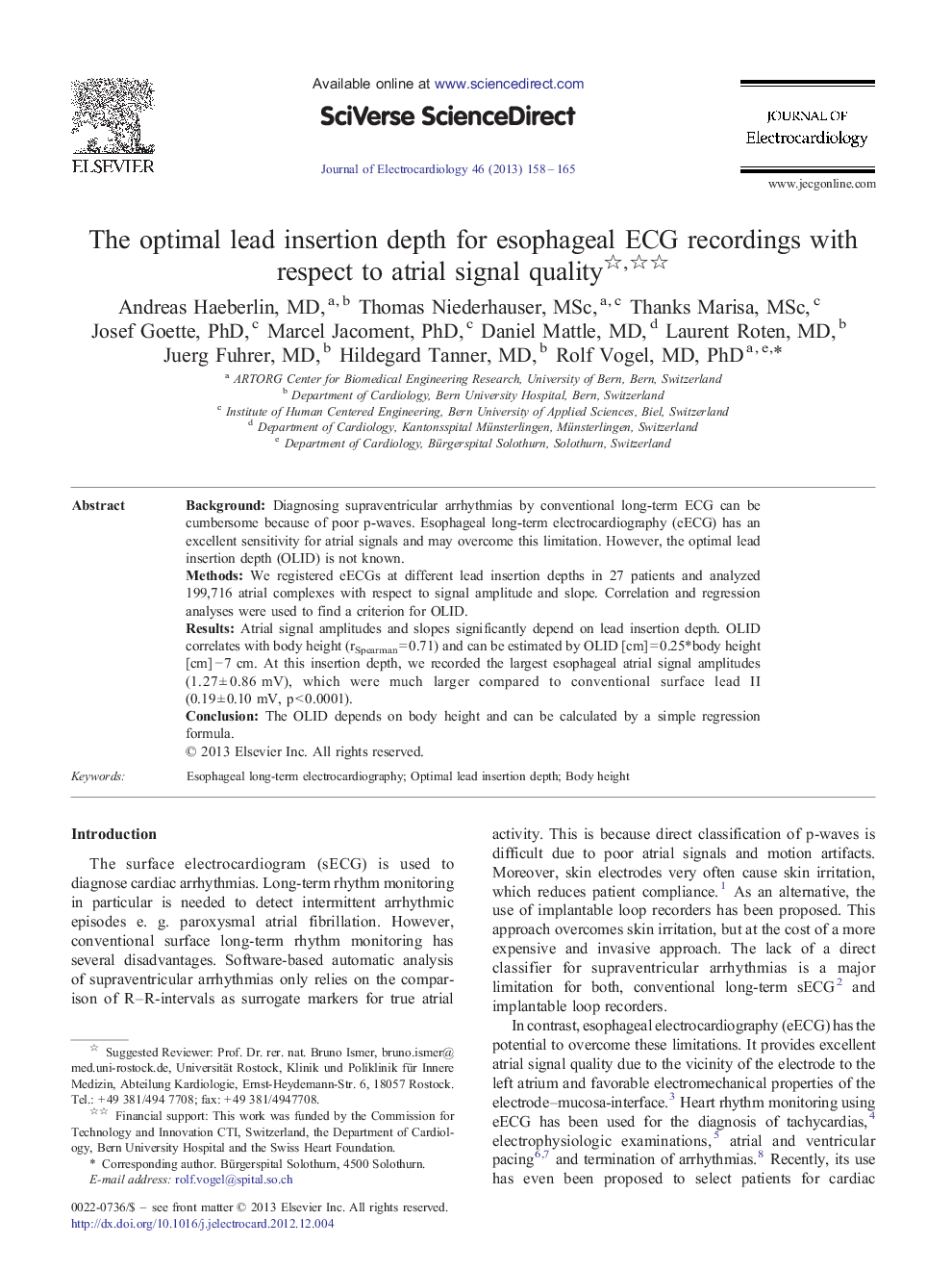 The optimal lead insertion depth for esophageal ECG recordings with respect to atrial signal quality 