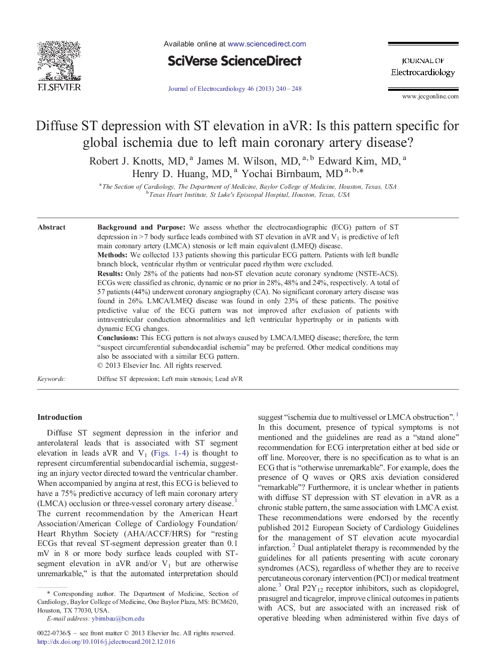 Diffuse ST depression with ST elevation in aVR: Is this pattern specific for global ischemia due to left main coronary artery disease?