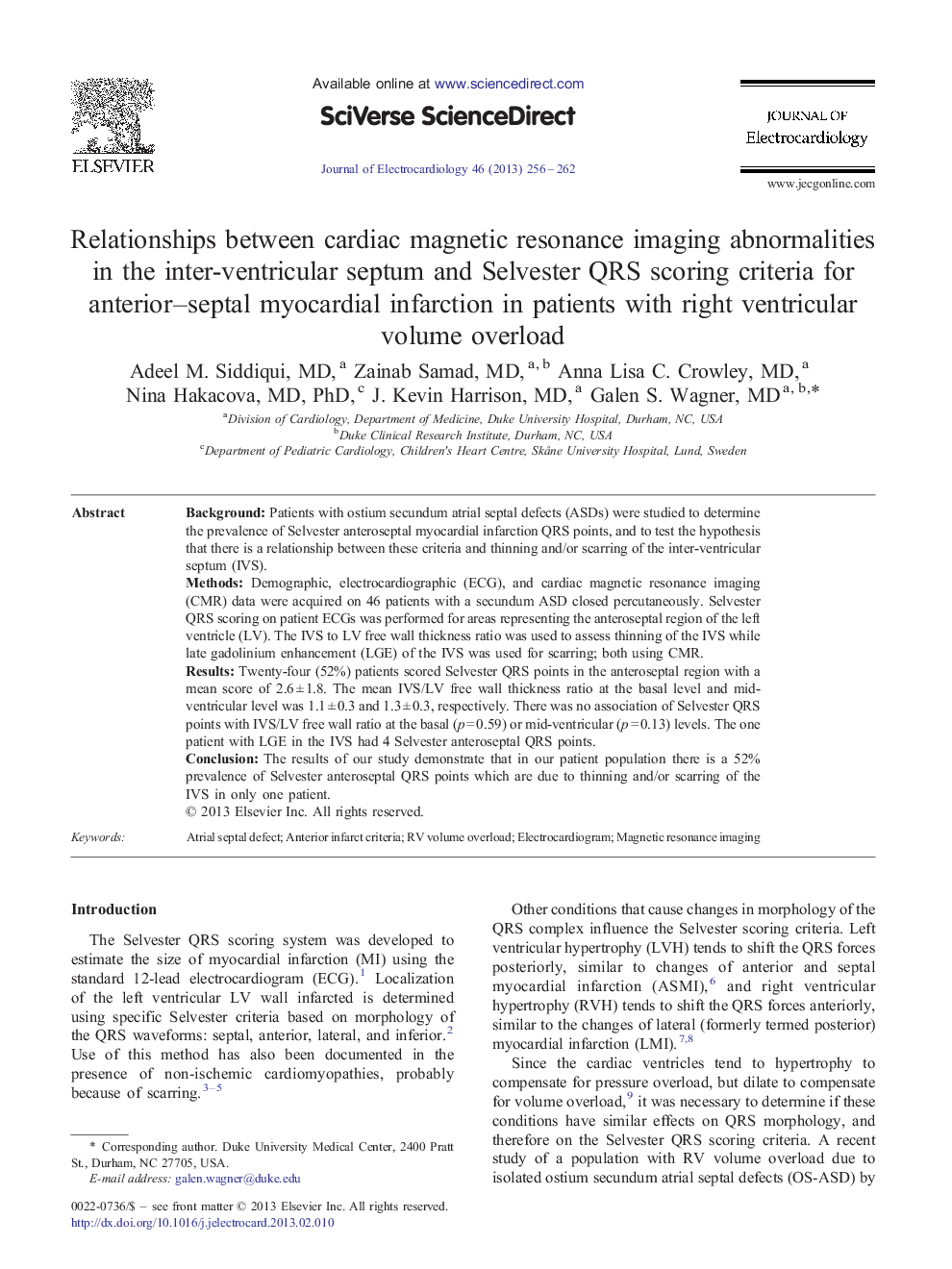 Relationships between cardiac magnetic resonance imaging abnormalities in the inter-ventricular septum and Selvester QRS scoring criteria for anterior–septal myocardial infarction in patients with right ventricular volume overload