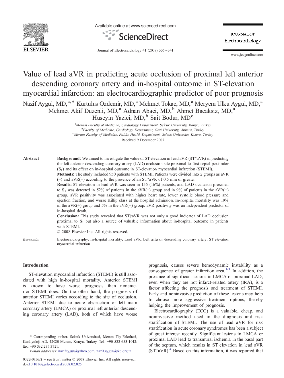 Value of lead aVR in predicting acute occlusion of proximal left anterior descending coronary artery and in-hospital outcome in ST-elevation myocardial infarction: an electrocardiographic predictor of poor prognosis