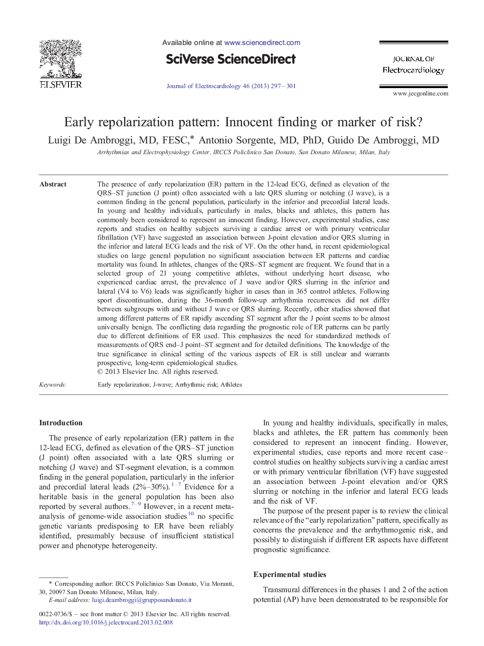 Early repolarization pattern: Innocent finding or marker of risk?