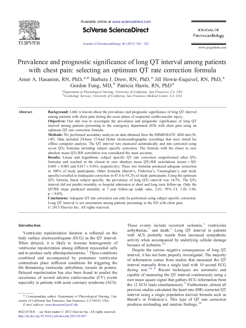 Prevalence and prognostic significance of long QT interval among patients with chest pain: selecting an optimum QT rate correction formula