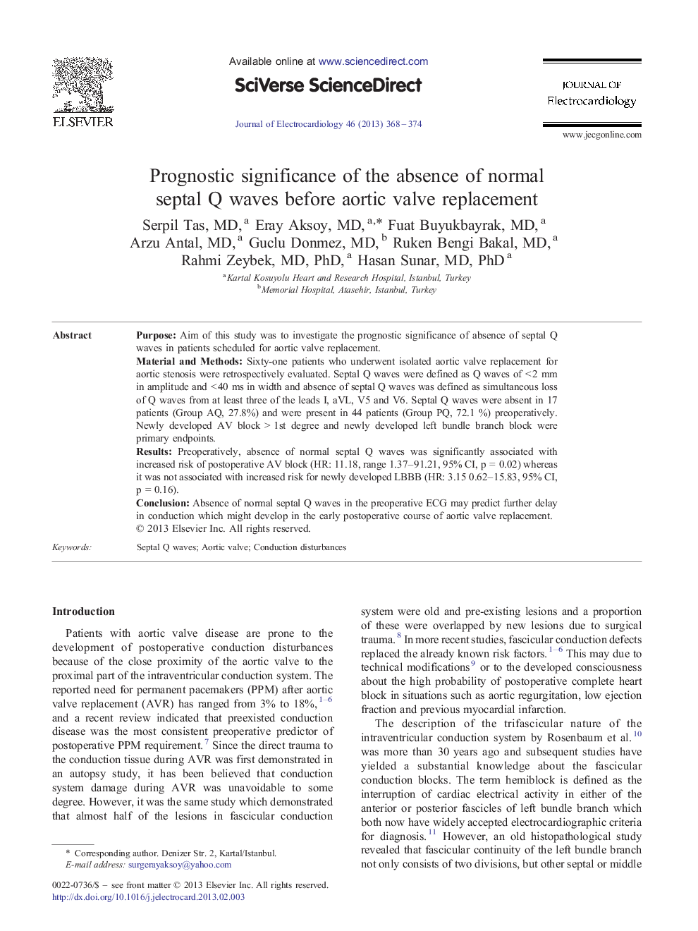 Prognostic significance of the absence of normal septal Q waves before aortic valve replacement