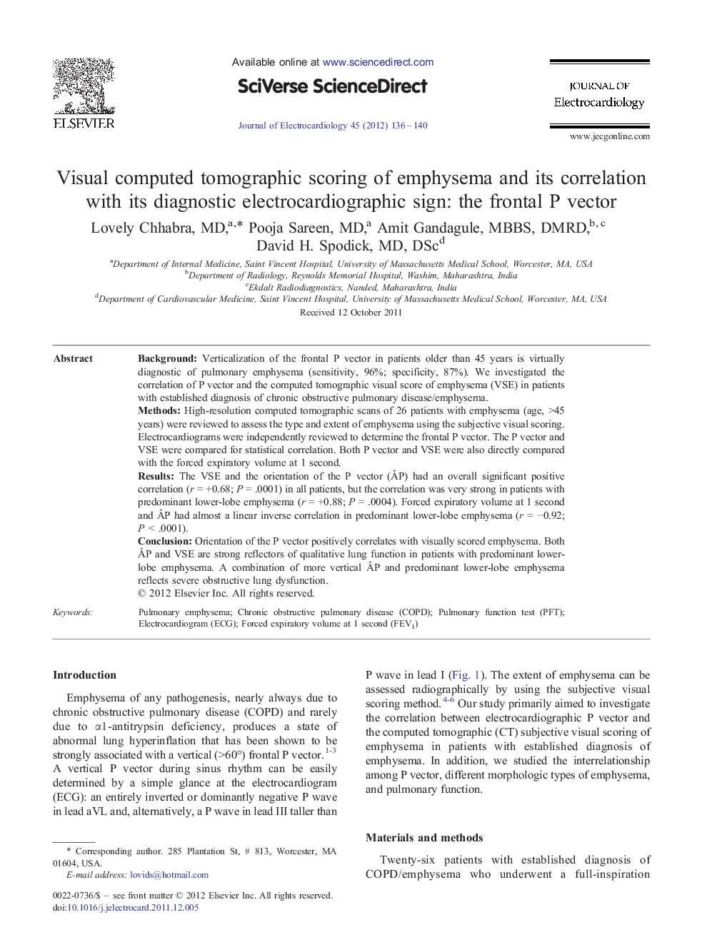 Visual computed tomographic scoring of emphysema and its correlation with its diagnostic electrocardiographic sign: the frontal P vector