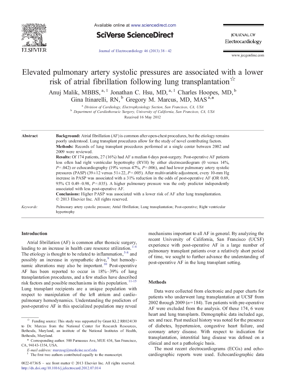 Elevated pulmonary artery systolic pressures are associated with a lower risk of atrial fibrillation following lung transplantation 