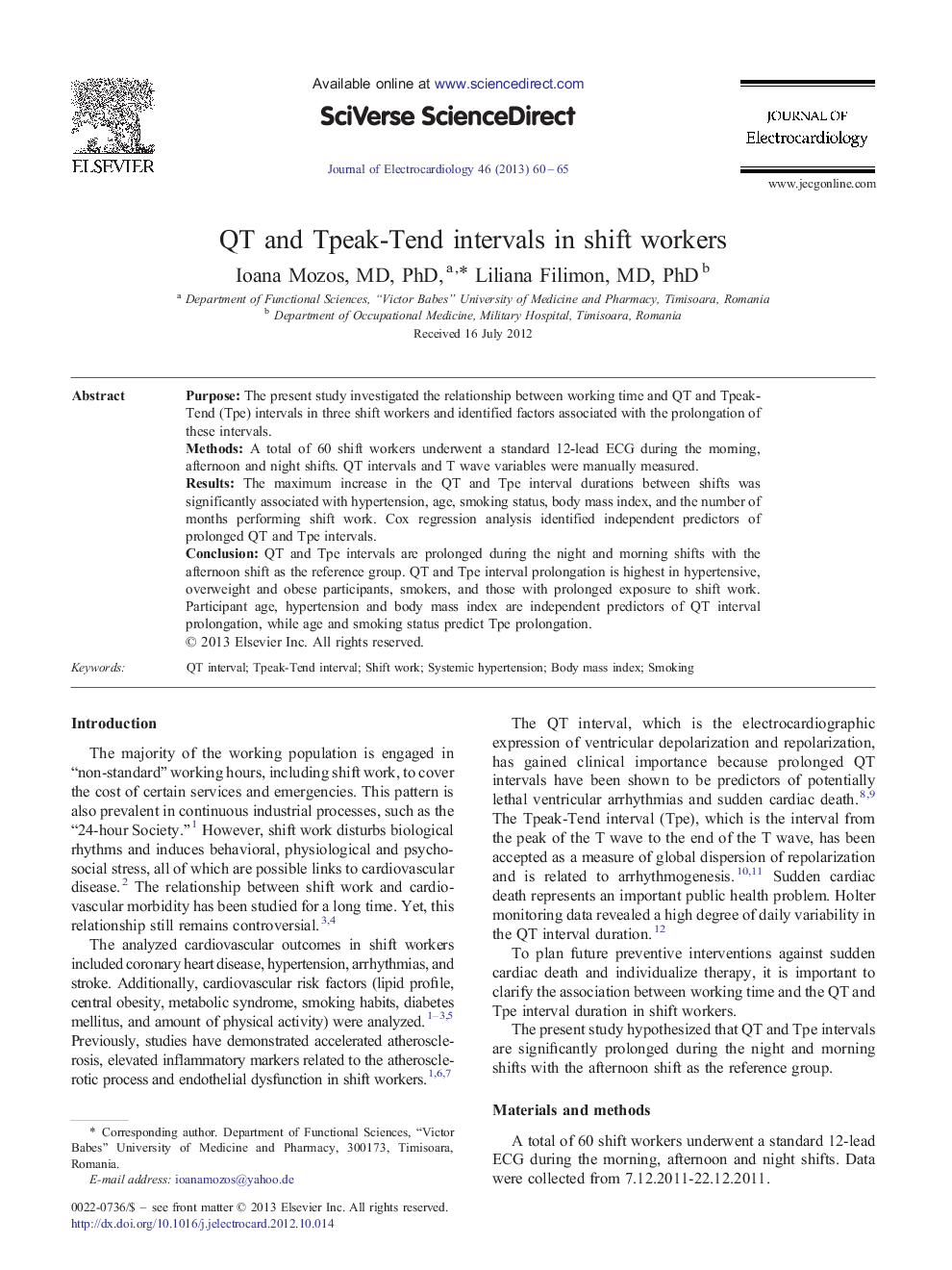 QT and Tpeak-Tend intervals in shift workers