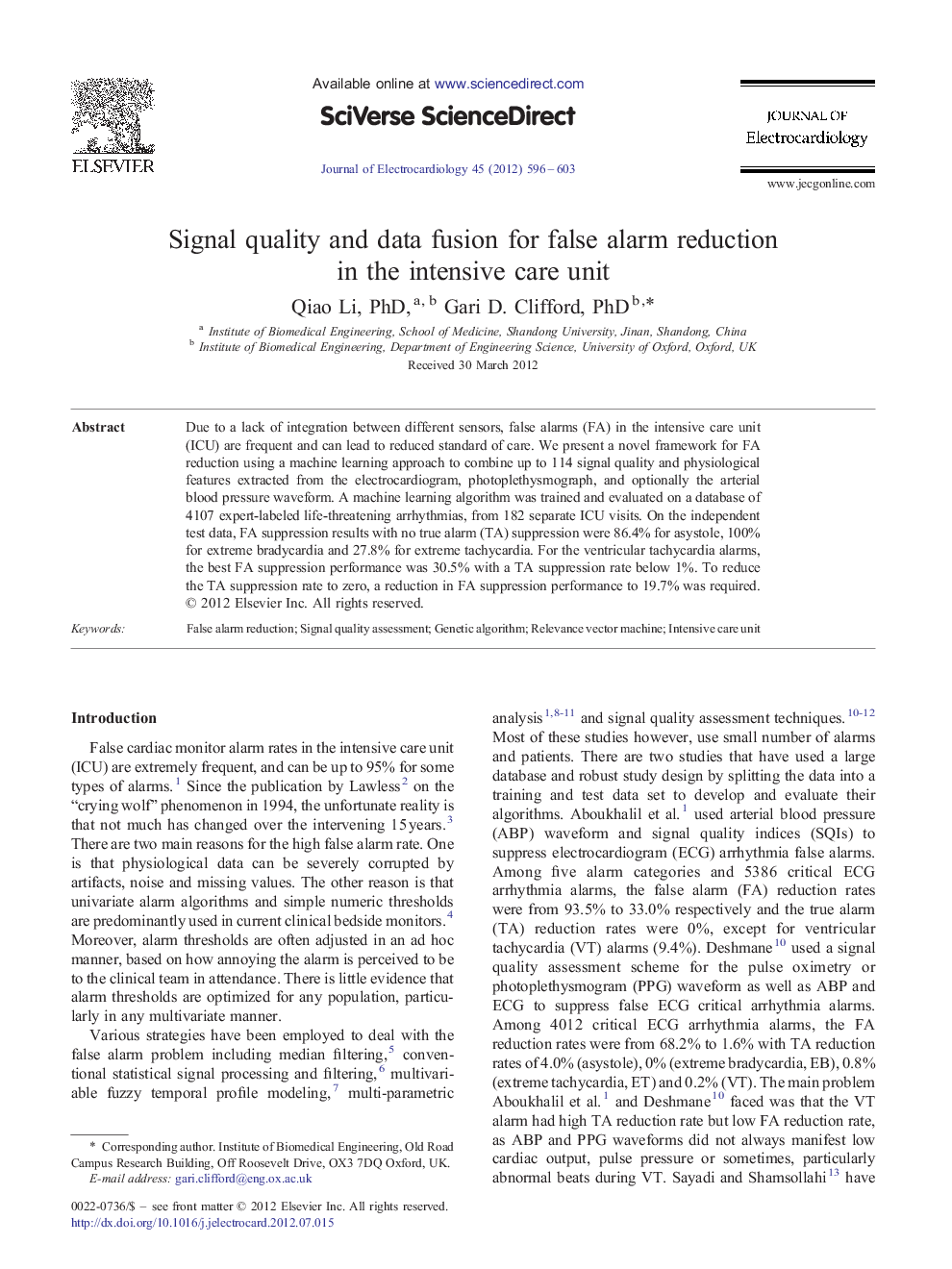 Signal quality and data fusion for false alarm reduction in the intensive care unit