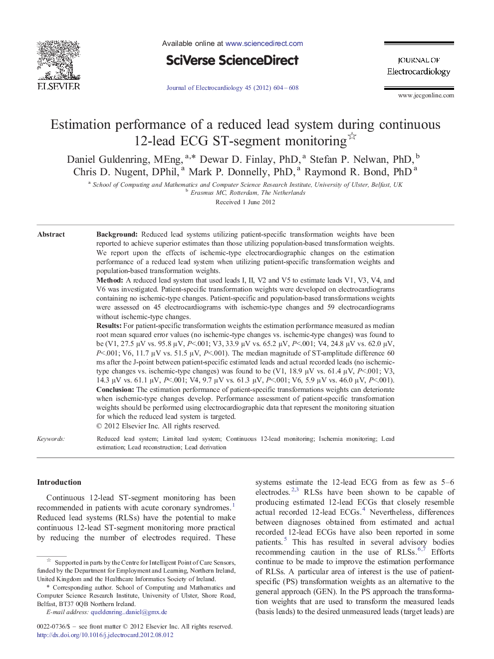 Estimation performance of a reduced lead system during continuous 12-lead ECG ST-segment monitoring 