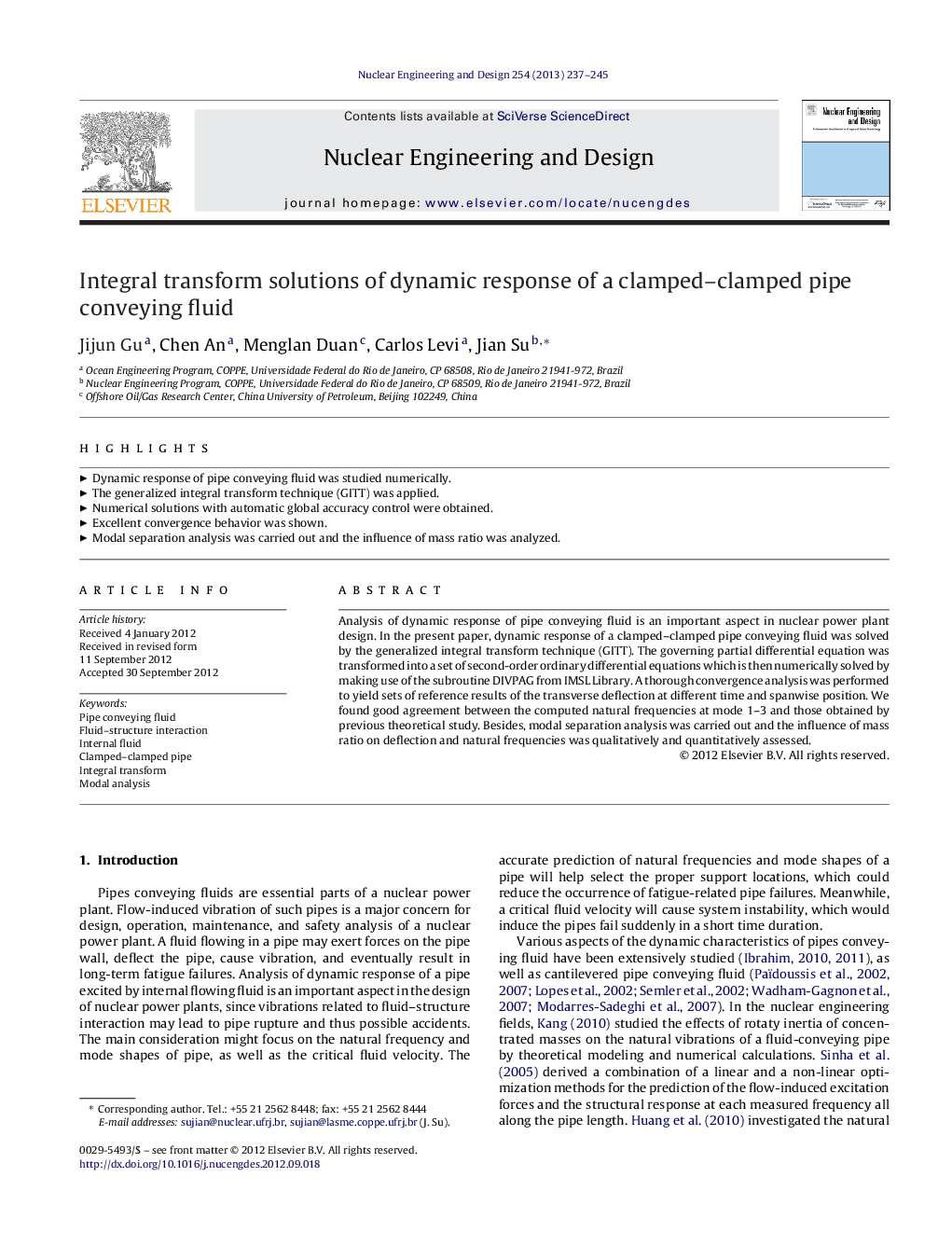 Integral transform solutions of dynamic response of a clamped–clamped pipe conveying fluid