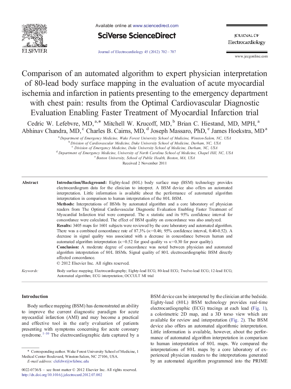 Comparison of an automated algorithm to expert physician interpretation of 80-lead body surface mapping in the evaluation of acute myocardial ischemia and infarction in patients presenting to the emergency department with chest pain: results from the Opti