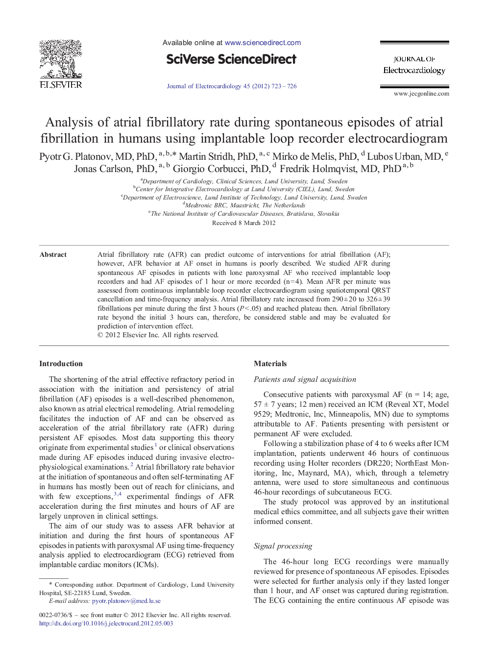 عکس صفحه اول مقاله: Analysis of atrial fibrillatory rate during spontaneous episodes of atrial fibrillation in humans using implantable loop recorder electrocardiogram Analysis of atrial fibrillatory rate during spontaneous episodes of atrial fibrillation in humans using implantable loop recorder electrocardiogram