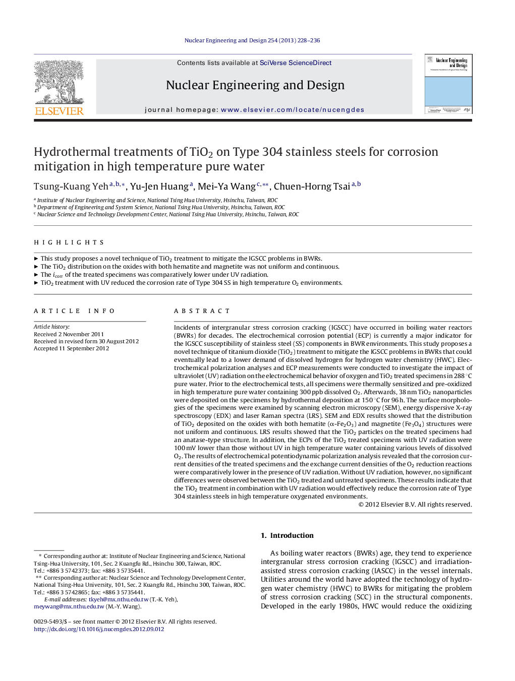 Hydrothermal treatments of TiO2 on Type 304 stainless steels for corrosion mitigation in high temperature pure water